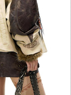 PERSONSOUL Totem Motif Patchwork Zipper Front Women's Cotton Padded Leather Jackets