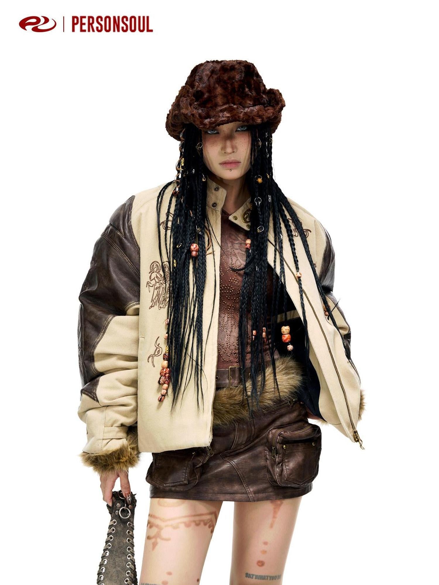 PERSONSOUL Totem Motif Patchwork Zipper Front Women's Cotton Padded Leather Jackets