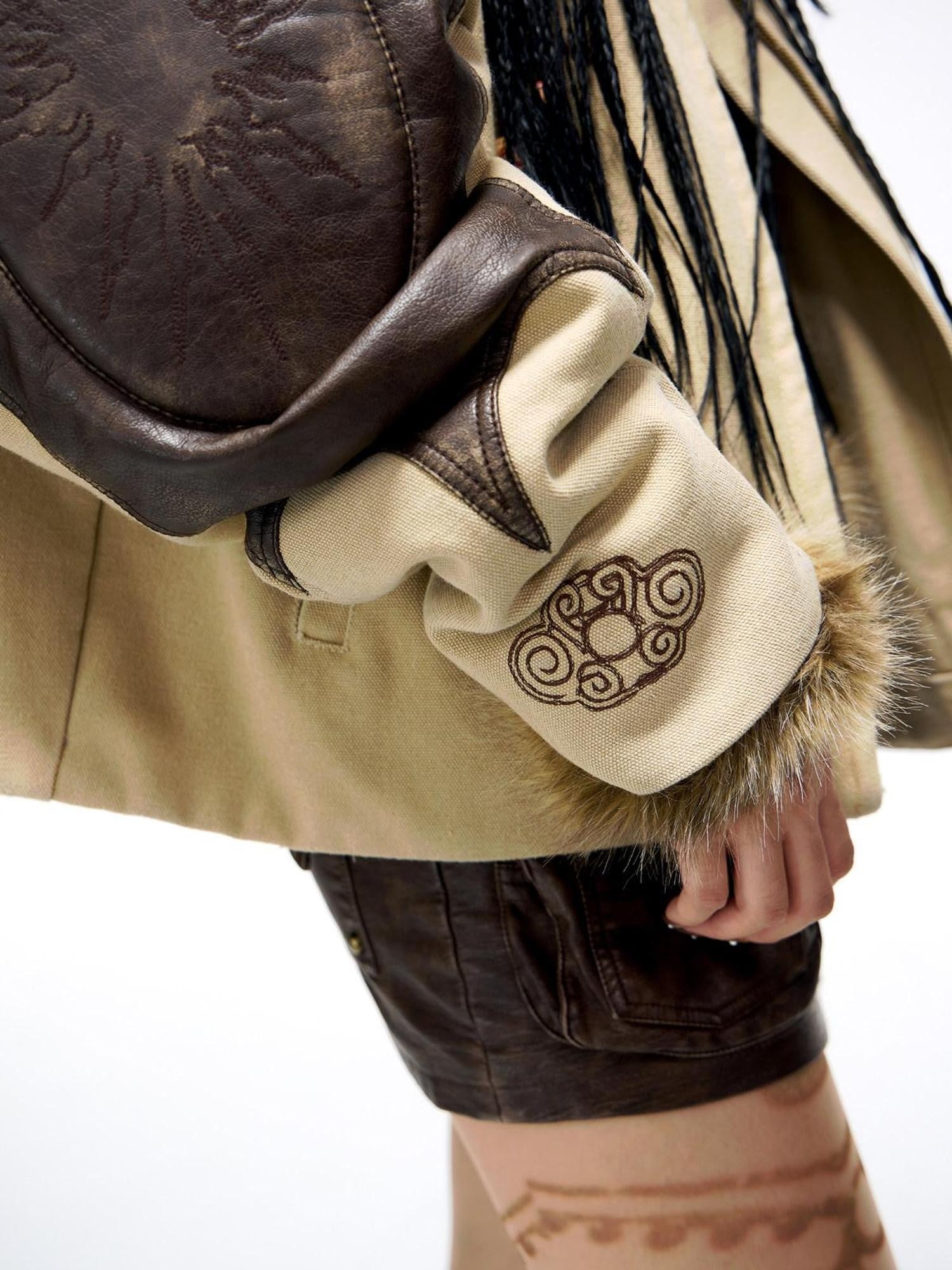 PERSONSOUL Totem Motif Patchwork Zipper Front Women's Cotton Padded Leather Jackets