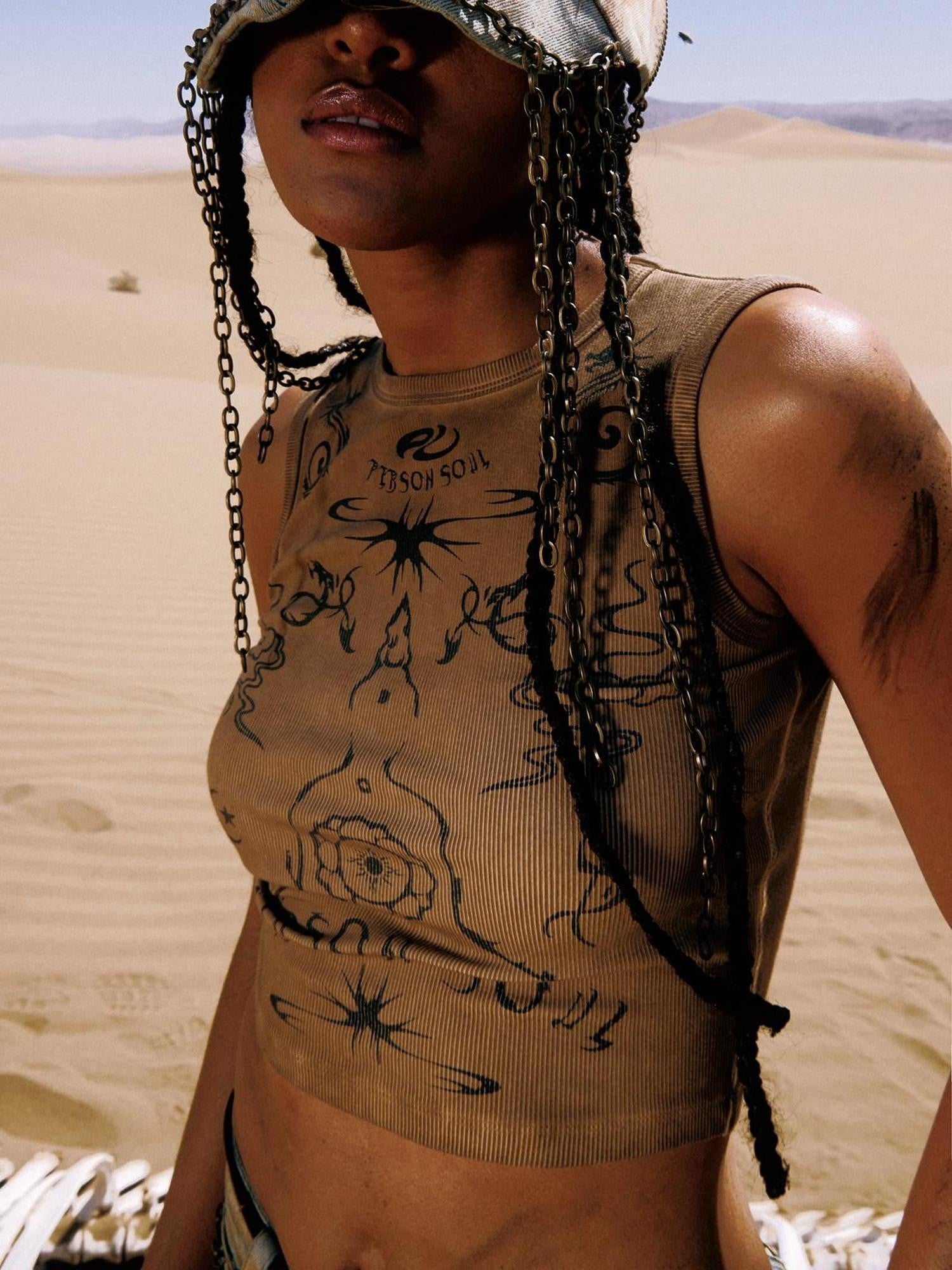 PERSONSOUL Totem Print Distressed Washed Slim Fit Women's Cotton Tank Tops