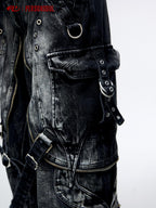 PERSONSOUL Washed Black Tactical Adjustable Strap Cargo Women's Denim Wide-leg Jeans