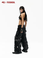 PERSONSOUL Washed Black Tactical Adjustable Strap Cargo Women's Denim Wide-leg Jeans