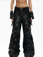 PERSONSOUL Washed Black Tactical Adjustable Strap Cargo Women's Denim Wide-leg Jeans