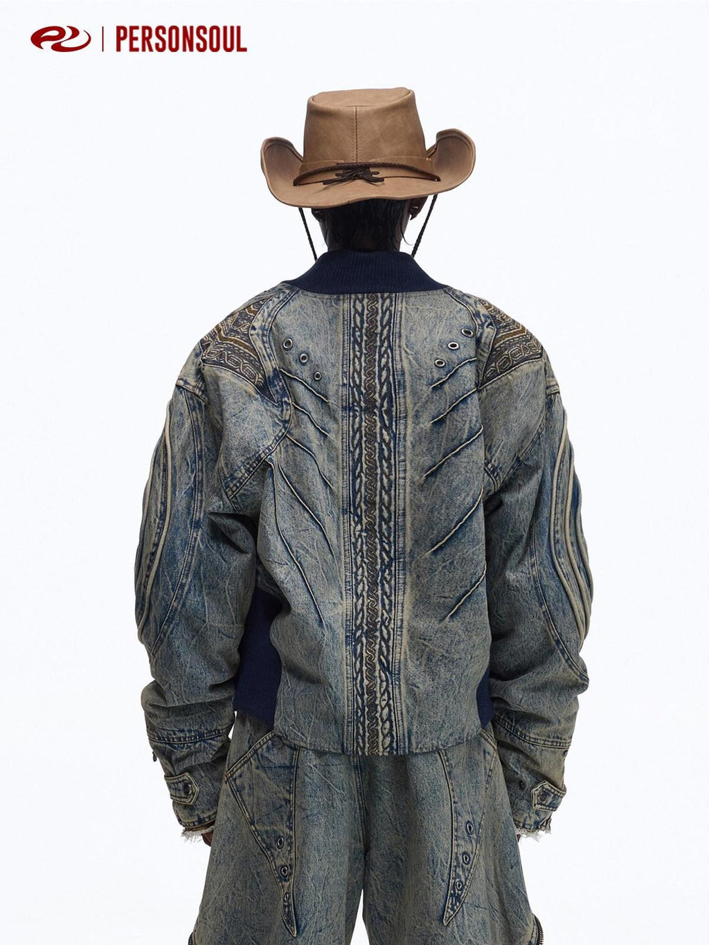 PERSONSOUL Washed Blue Embossed Floral Patchwork Women's Cotton Denim Jackets