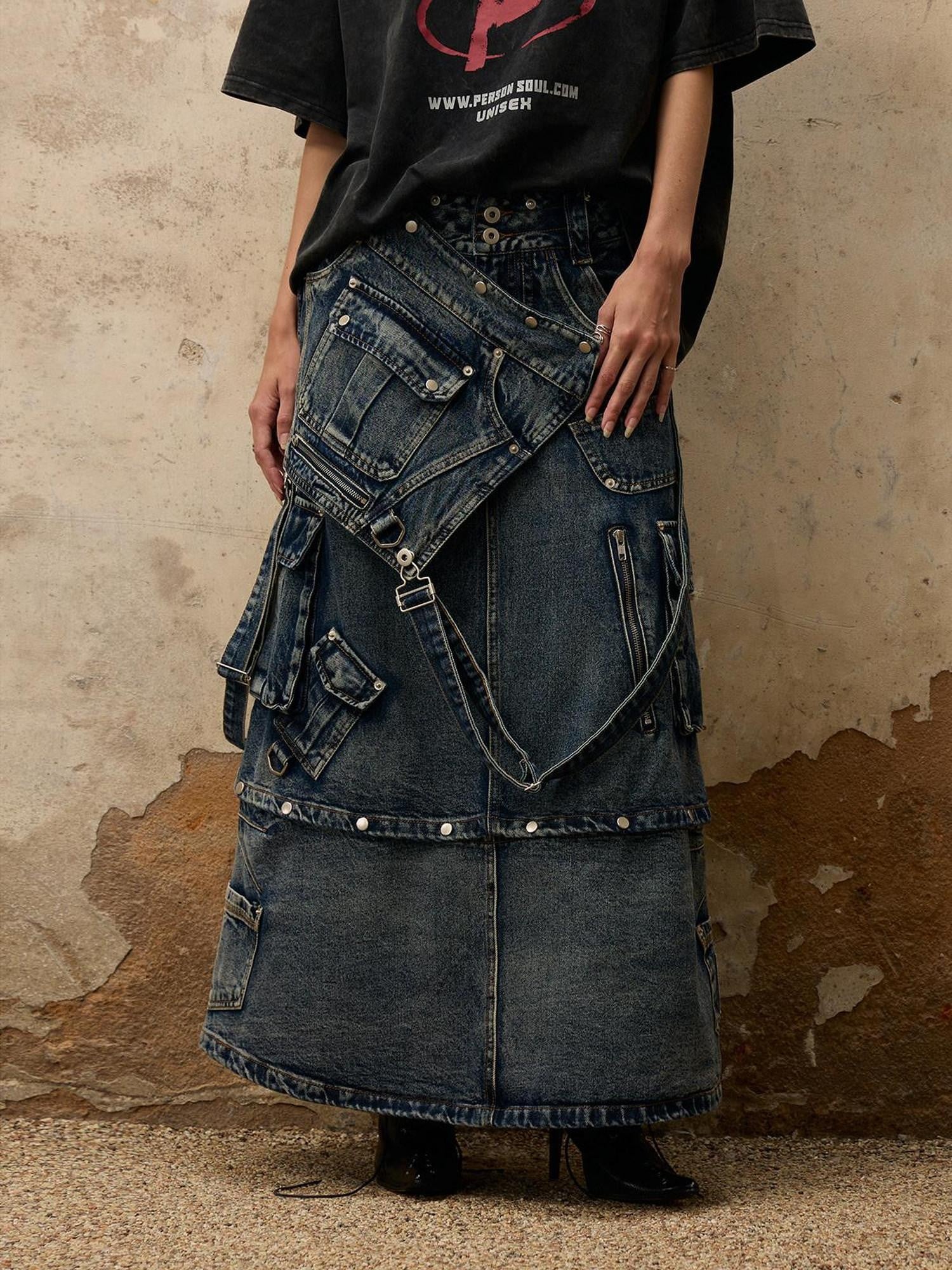 PERSONSOUL Washed Blue Three In One Detachable Straps Pockets Women's Denim Maxi Skirts