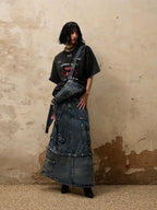 PERSONSOUL Washed Blue Three In One Detachable Straps Pockets Women's Denim Maxi Skirts