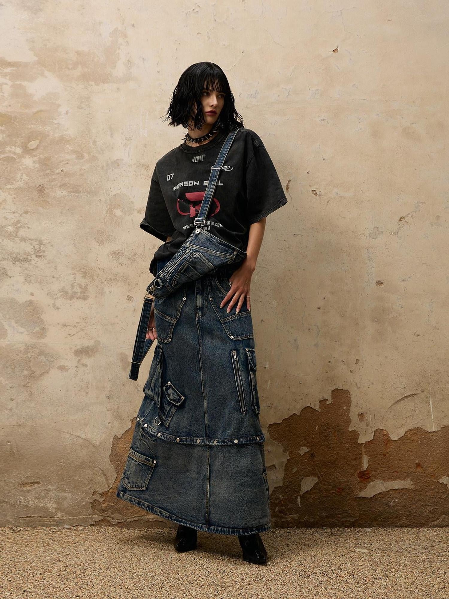 PERSONSOUL Washed Blue Three In One Detachable Straps Pockets Women's Denim Maxi Skirts