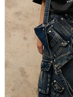 PERSONSOUL Washed Blue Three In One Detachable Straps Pockets Women's Denim Maxi Skirts