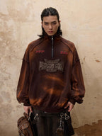 PERSONSOUL Washed Tie Dye Racing Embroidery Stand Collar Women's Cotton Sweatshirts