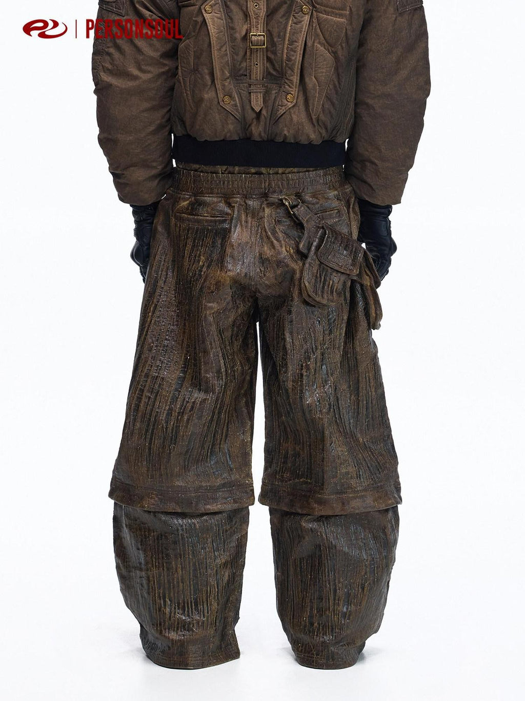 PERSONSOUL Waxed Brown Distressed Cargo Double Waistband Women's Cotton Wide-leg Pants