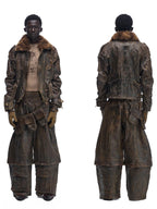 PERSONSOUL Waxed Brown Distressed Cargo Double Waistband Women's Cotton Wide-leg Pants