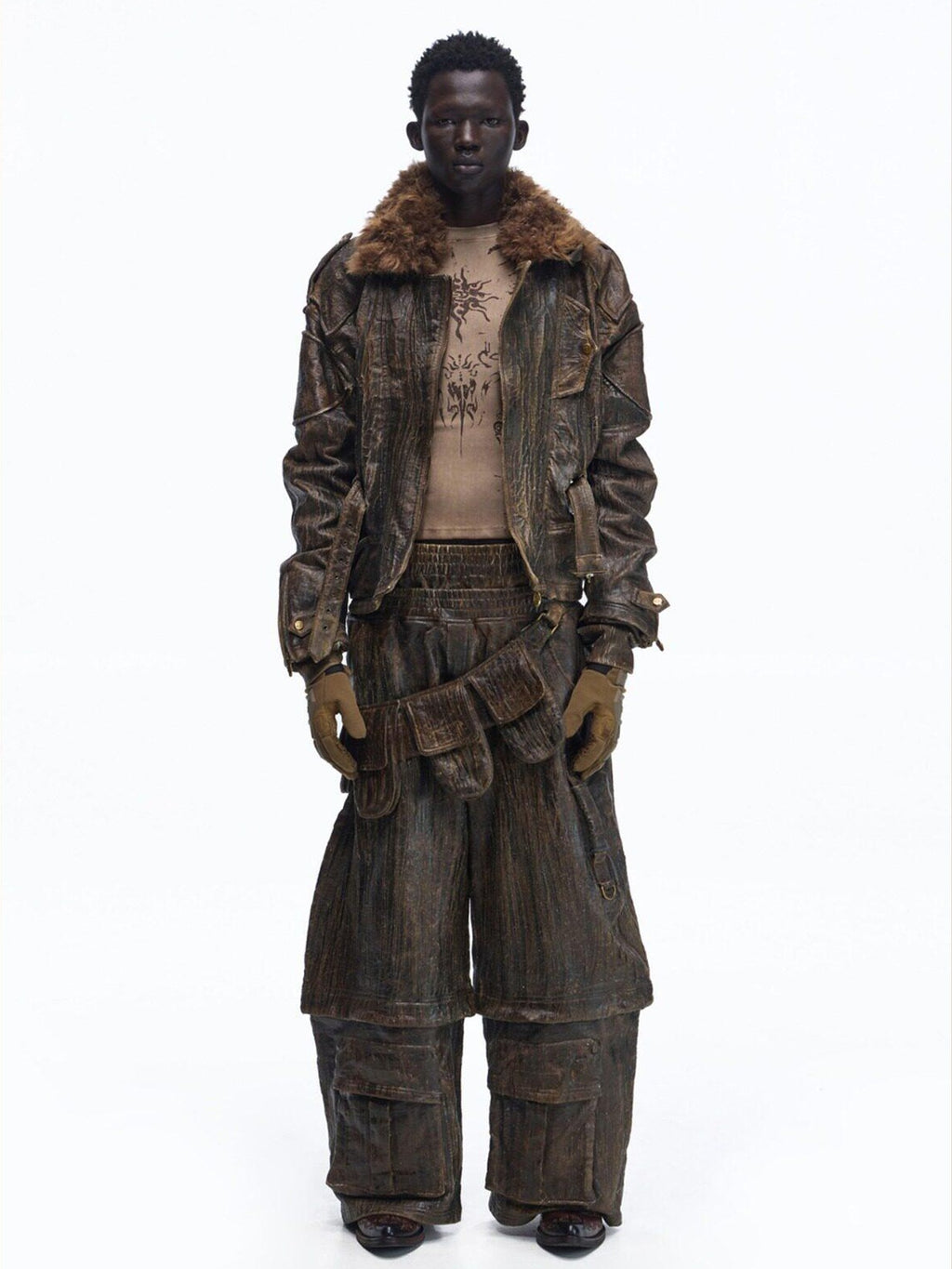 PERSONSOUL Waxed Brown Distressed Detachable Fur Collar Women's Cotton Utility Jackets