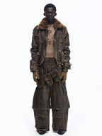 PERSONSOUL Waxed Brown Distressed Detachable Fur Collar Women's Cotton Utility Jackets