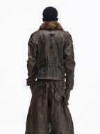 PERSONSOUL Waxed Brown Distressed Detachable Fur Collar Women's Cotton Utility Jackets
