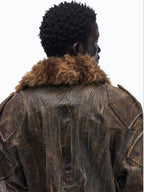 PERSONSOUL Waxed Brown Distressed Detachable Fur Collar Women's Cotton Utility Jackets