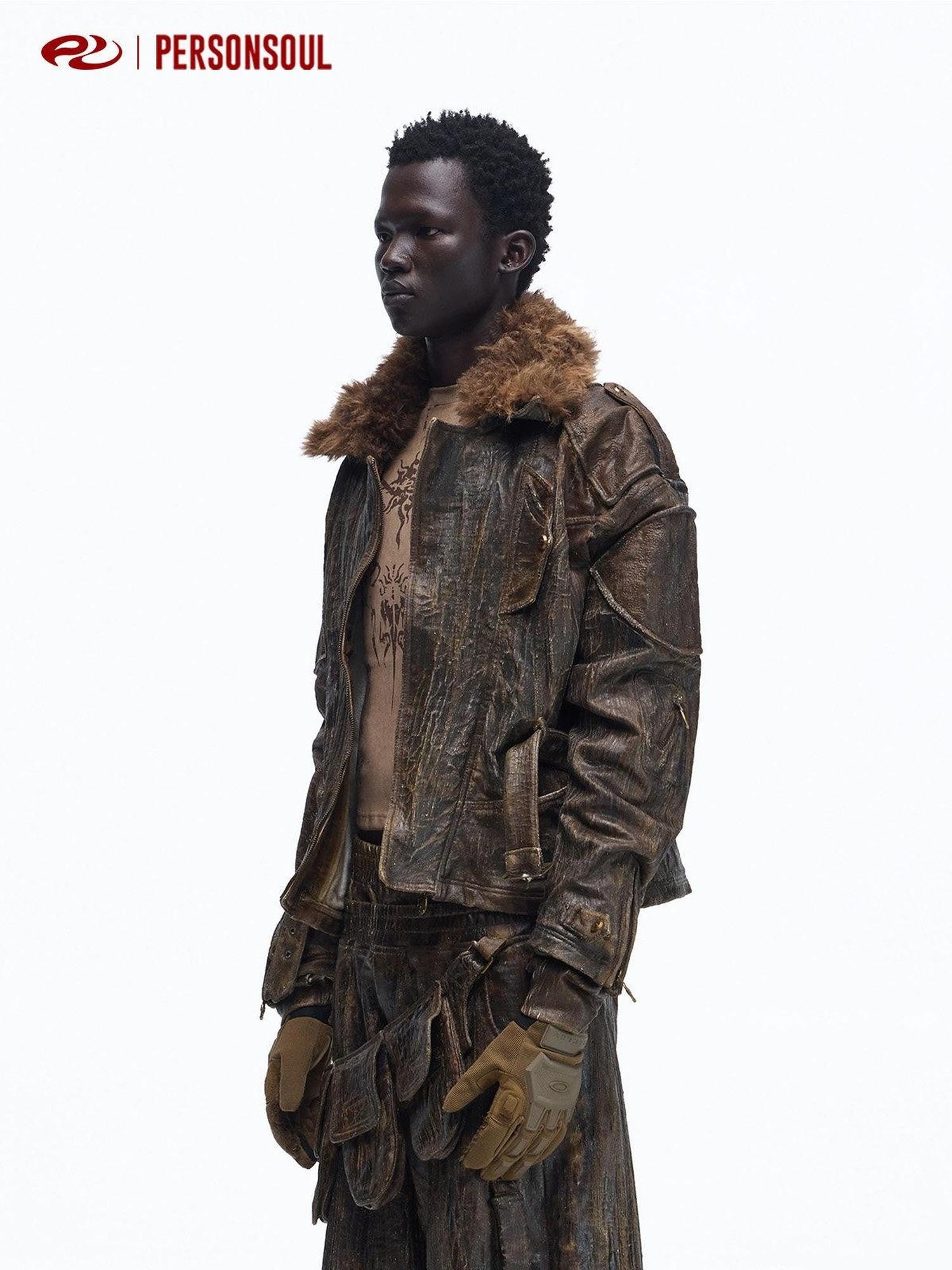 PERSONSOUL Waxed Brown Distressed Detachable Fur Collar Women's Cotton Utility Jackets