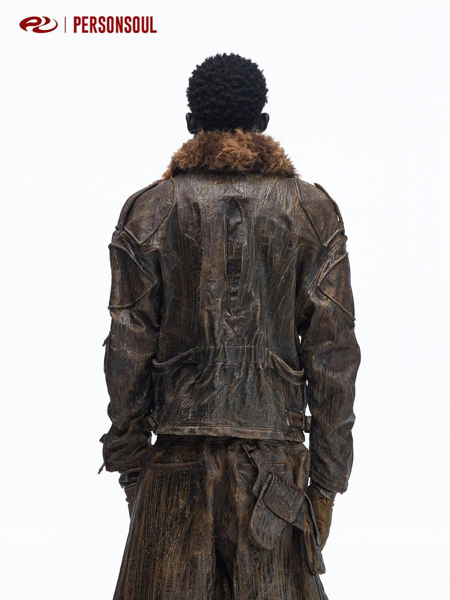 PERSONSOUL Waxed Brown Distressed Detachable Fur Collar Women's Cotton Utility Jackets