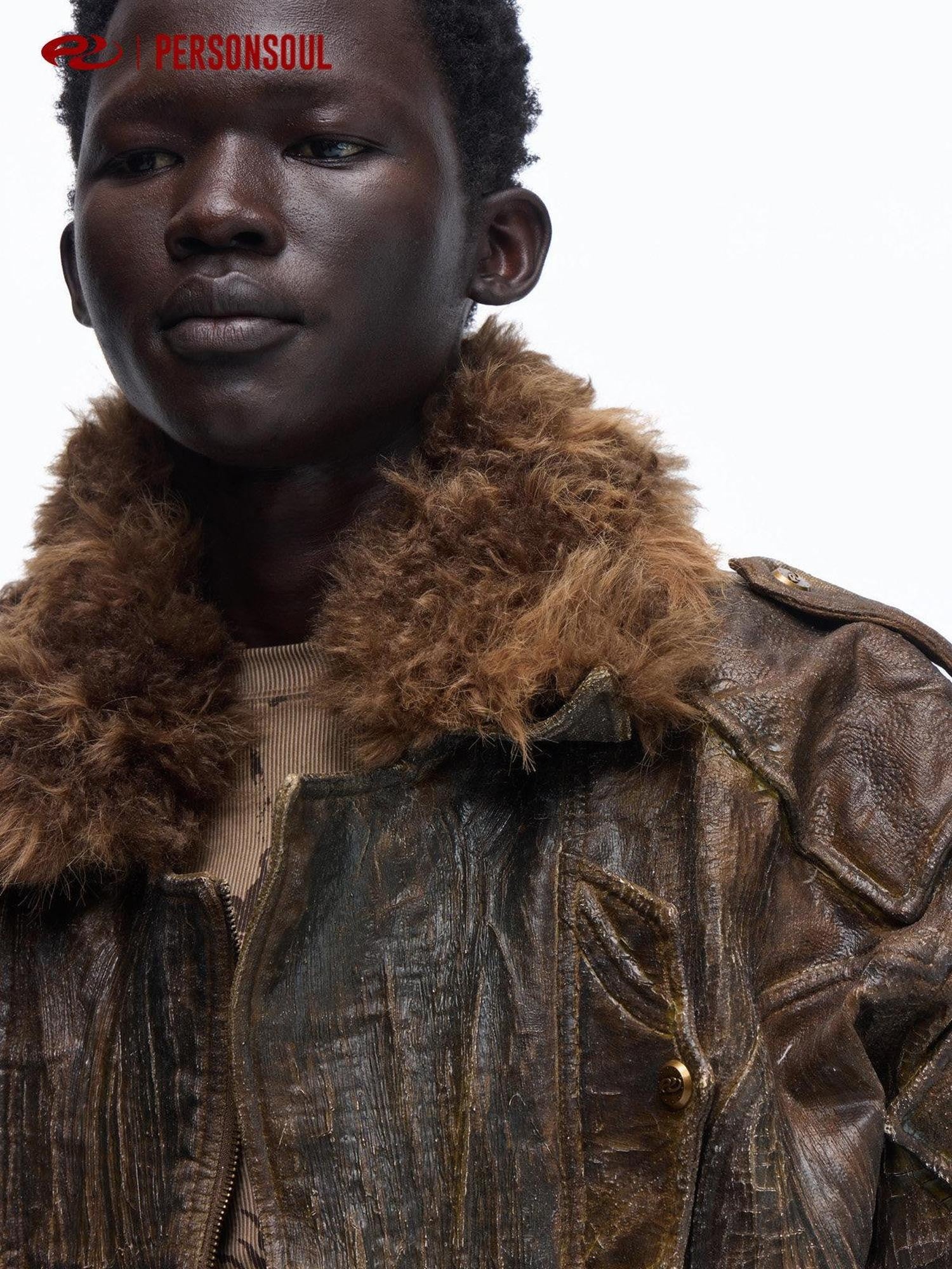 PERSONSOUL Waxed Brown Distressed Detachable Fur Collar Women's Cotton Utility Jackets