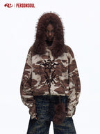 PERSONSOUL Wild Animal Print Camouflage Fur Collar Zippered Women's Cotton Hoodies
