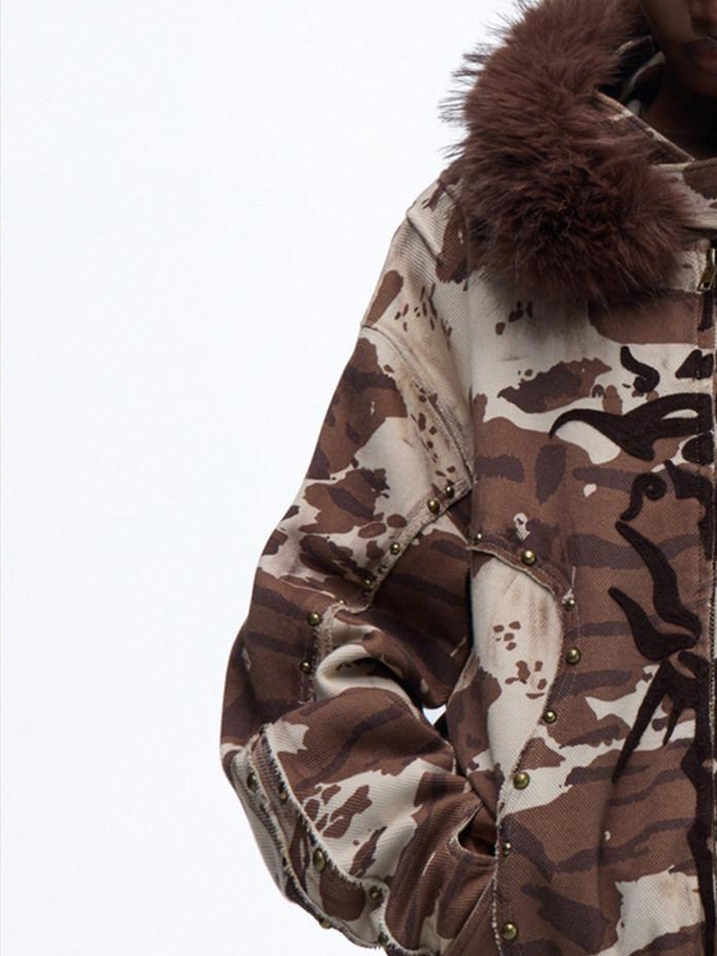 PERSONSOUL Wild Animal Print Camouflage Fur Collar Zippered Women's Cotton Hoodies