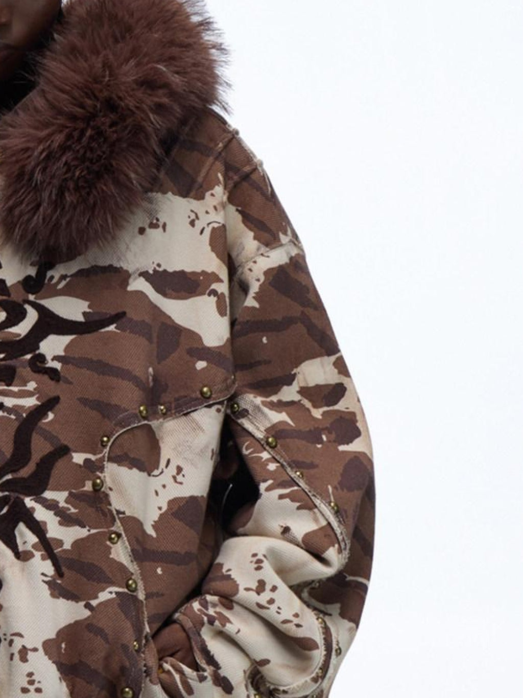 PERSONSOUL Wild Animal Print Camouflage Fur Collar Zippered Women's Cotton Hoodies