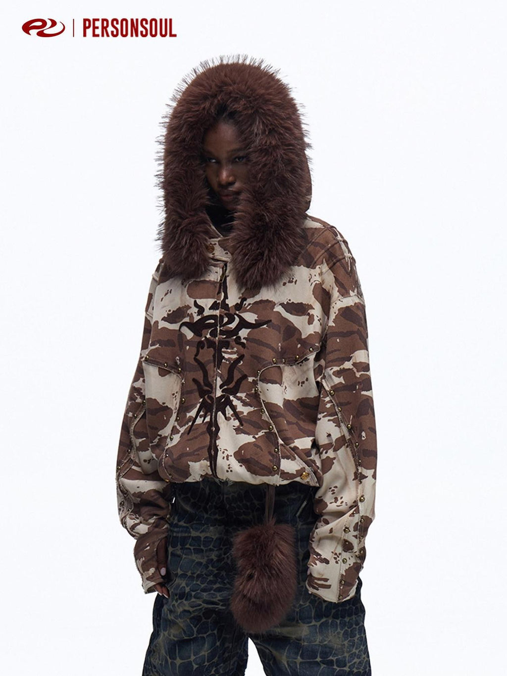 PERSONSOUL Wild Animal Print Camouflage Fur Collar Zippered Women's Cotton Hoodies