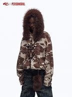PERSONSOUL Wild Animal Print Camouflage Fur Collar Zippered Women's Cotton Hoodies