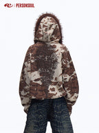 PERSONSOUL Wild Animal Print Camouflage Fur Collar Zippered Women's Cotton Hoodies