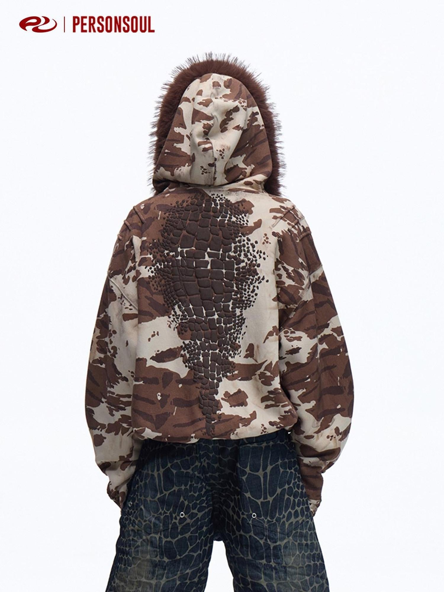 PERSONSOUL Wild Animal Print Camouflage Fur Collar Zippered Women's Cotton Hoodies