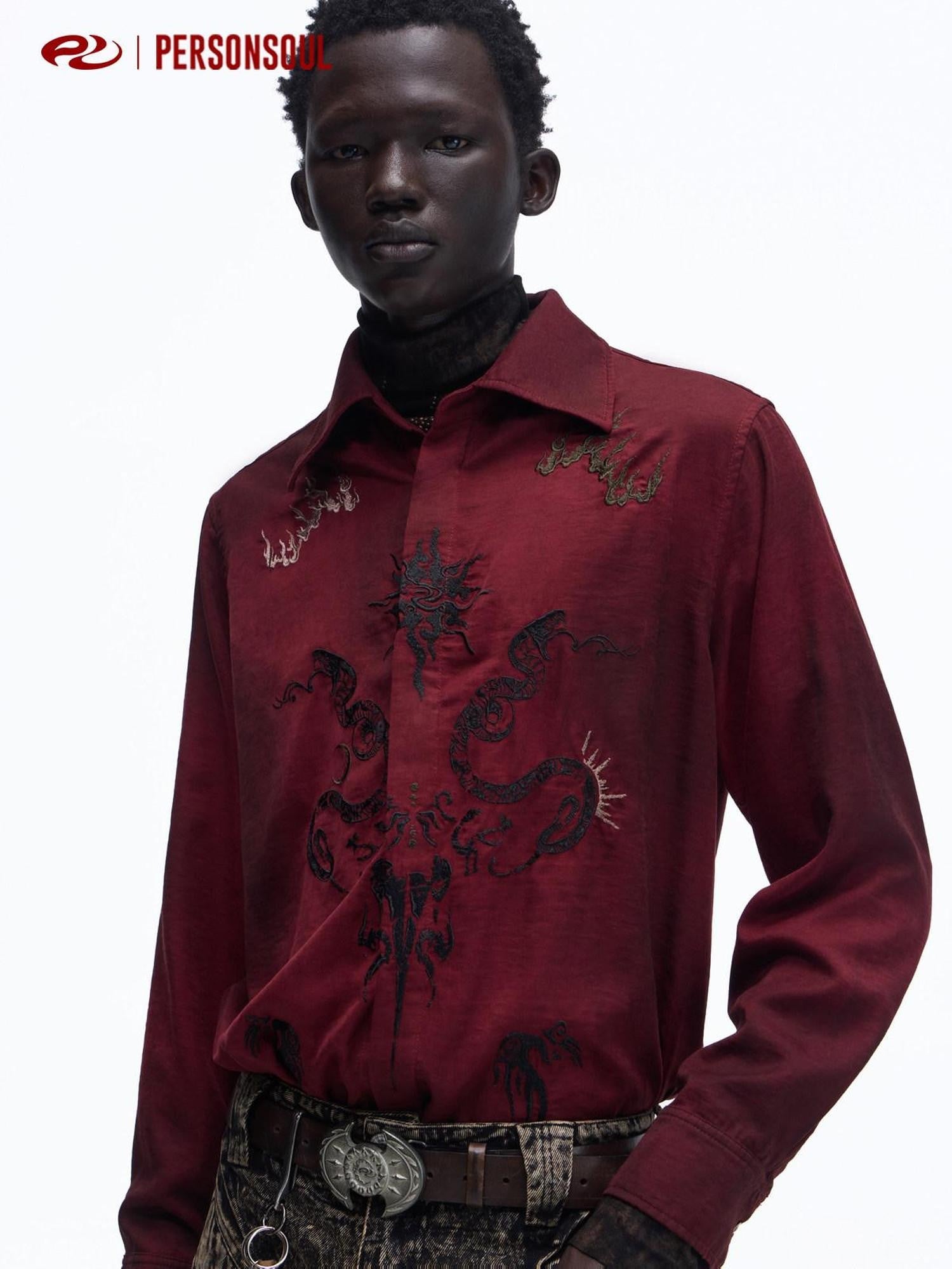 PERSONSOUL Wine Red Totem Pattern Mist Satin Velvet Women's Recycled Viscose Blend Shirts