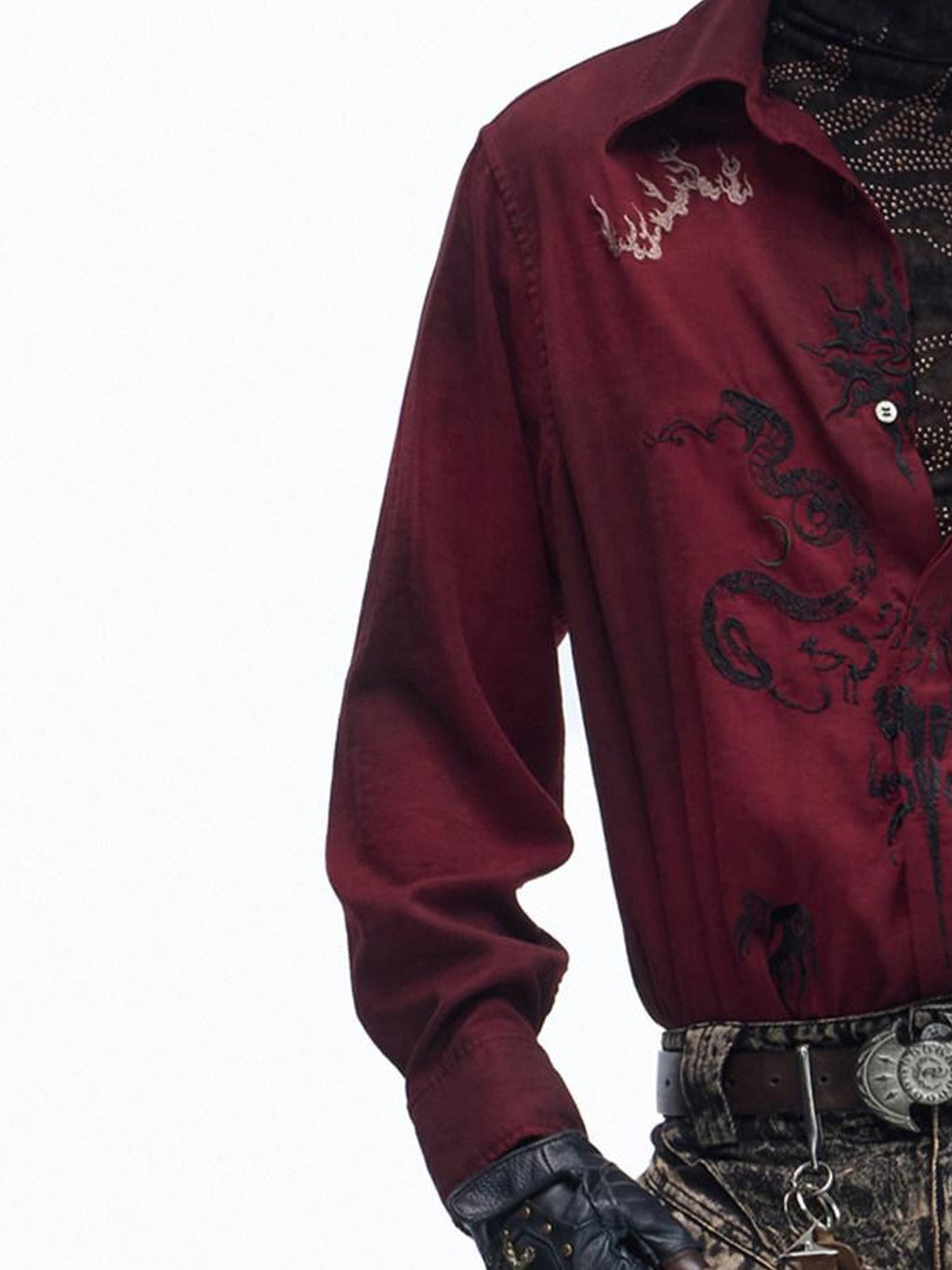 PERSONSOUL Wine Red Totem Pattern Mist Satin Velvet Women's Recycled Viscose Blend Shirts