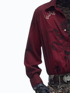 PERSONSOUL Wine Red Totem Pattern Mist Satin Velvet Women's Recycled Viscose Blend Shirts