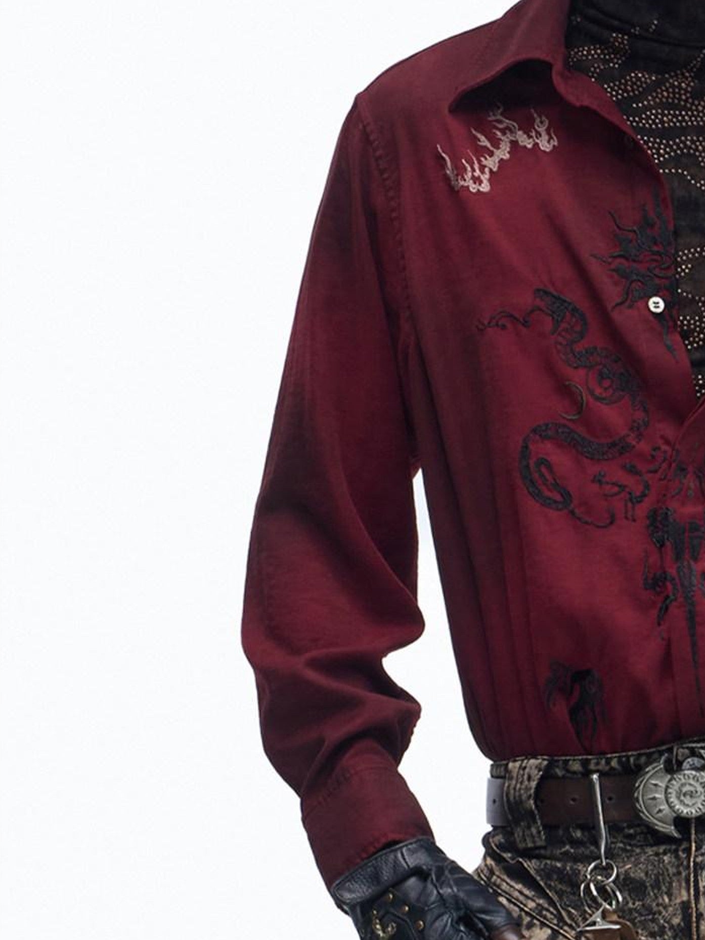PERSONSOUL Wine Red Totem Pattern Mist Satin Velvet Women's Recycled Viscose Blend Shirts