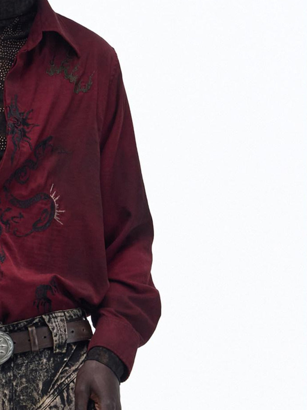 PERSONSOUL Wine Red Totem Pattern Mist Satin Velvet Women's Recycled Viscose Blend Shirts