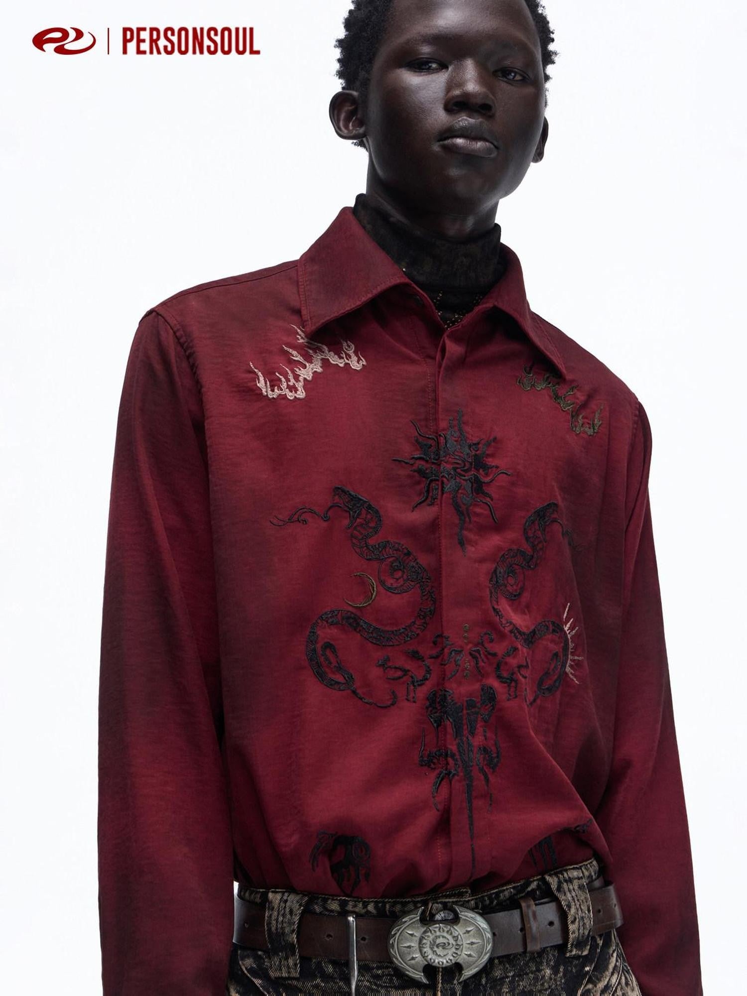 PERSONSOUL Wine Red Totem Pattern Mist Satin Velvet Women's Recycled Viscose Blend Shirts