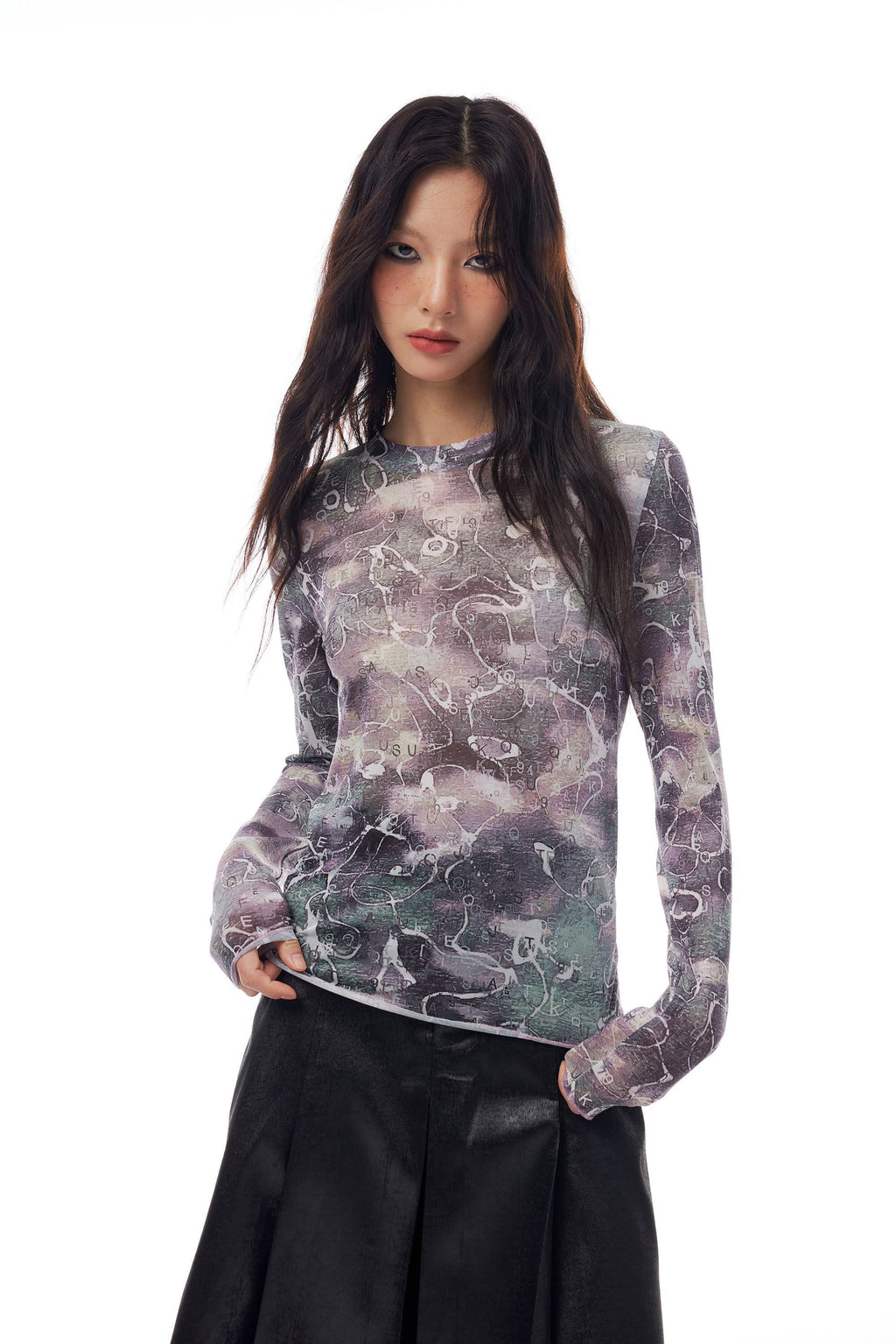 THELIGHT OFFICIAL Abstract Line Letter Print Mesh Women's Polyester Blend Long Sleeve T-shirts 759982877909