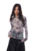 THELIGHT OFFICIAL Abstract Line Letter Print Mesh Women's Polyester Blend Long Sleeve T-shirts 759982877909