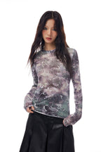 THELIGHT OFFICIAL Abstract Line Letter Print Mesh Women's Polyester Blend Long Sleeve T-shirts 759982877909