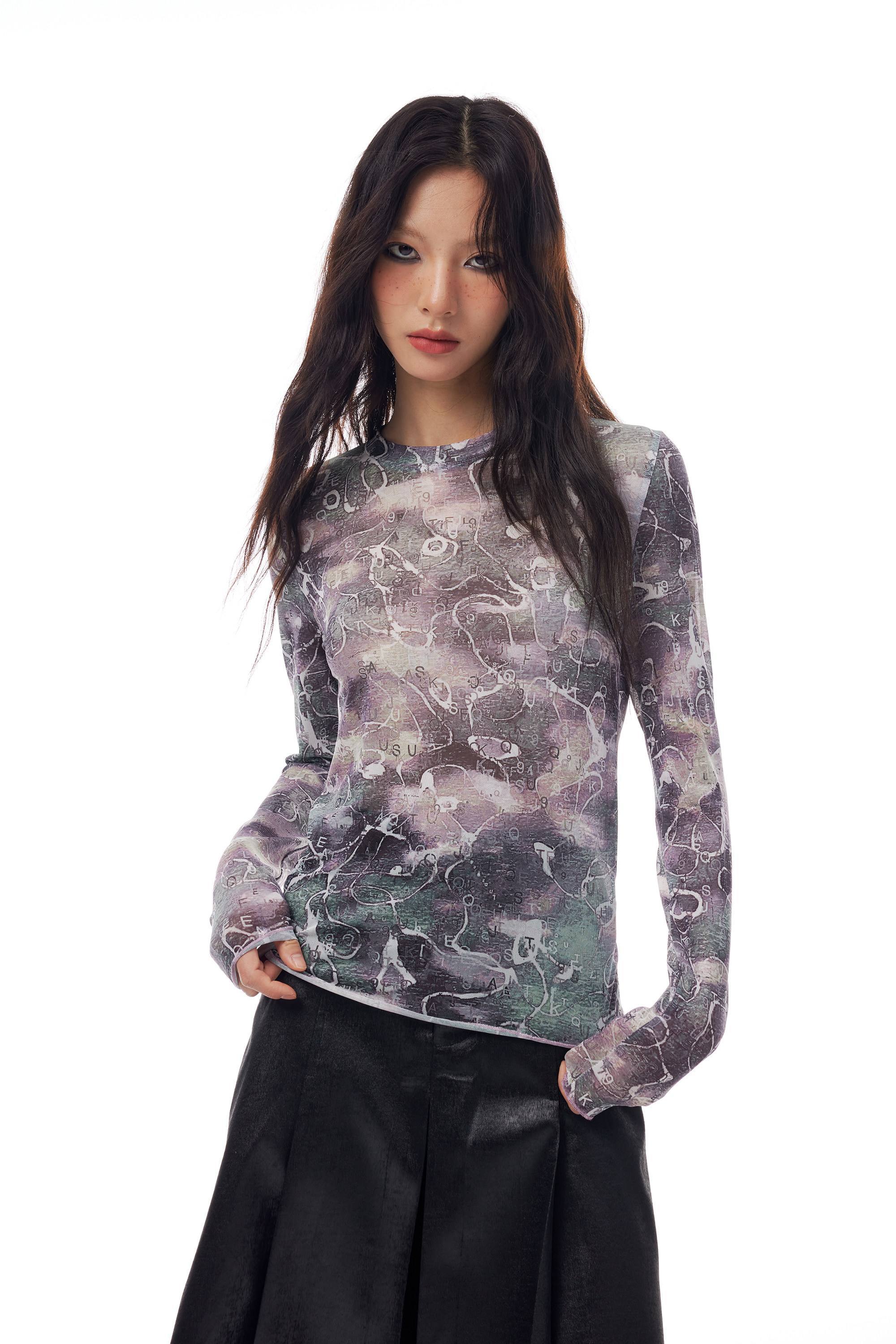 THELIGHT OFFICIAL Abstract Line Letter Print Mesh Women's Polyester Blend Long Sleeve T-shirts 759982877909