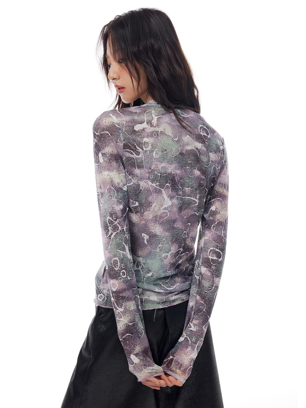THELIGHT OFFICIAL Abstract Line Letter Print Mesh Women's Polyester Blend Long Sleeve T-shirts