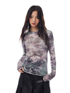 THELIGHT OFFICIAL Abstract Line Letter Print Mesh Women's Polyester Blend Long Sleeve T-shirts