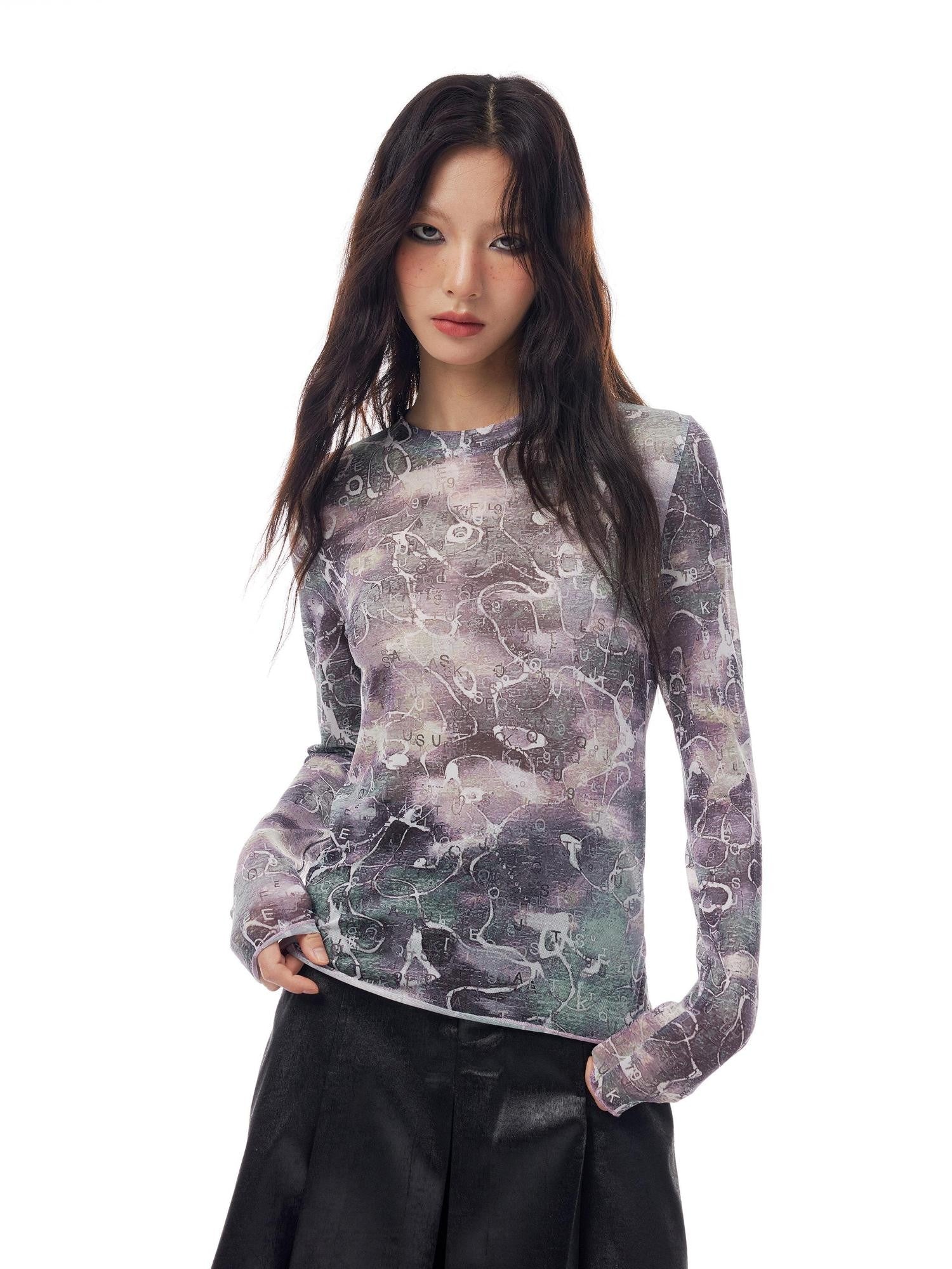 THELIGHT OFFICIAL Abstract Line Letter Print Mesh Women's Polyester Blend Long Sleeve T-shirts