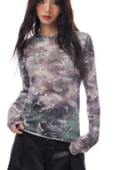 THELIGHT OFFICIAL Abstract Line Letter Print Mesh Women's Polyester Blend Long Sleeve T-shirts