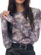 THELIGHT OFFICIAL Abstract Line Letter Print Mesh Women's Polyester Blend Long Sleeve T-shirts