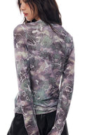 THELIGHT OFFICIAL Abstract Line Letter Print Mesh Women's Polyester Blend Long Sleeve T-shirts