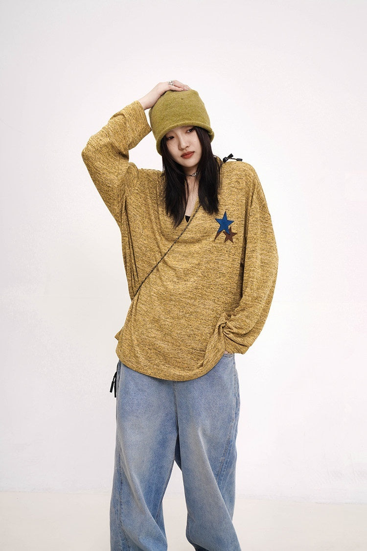 THELIGHT OFFICIAL Applique Star V-neck Striped Women's Polyester Long Sleeve T-shirts 684168926682
