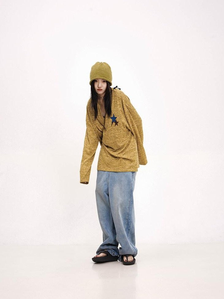 THELIGHT OFFICIAL Applique Star V-neck Striped Women's Polyester Long Sleeve T-shirts