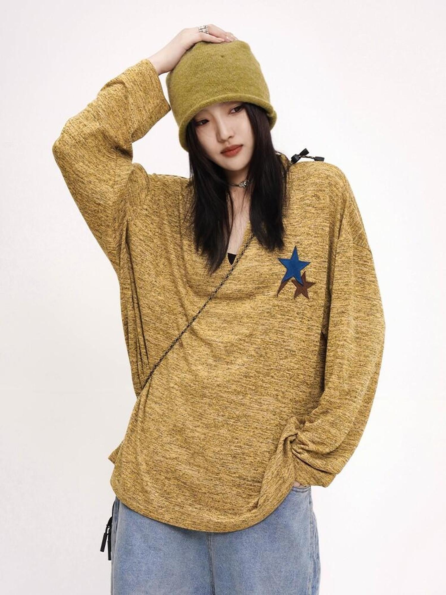 THELIGHT OFFICIAL Applique Star V-neck Striped Women's Polyester Long Sleeve T-shirts