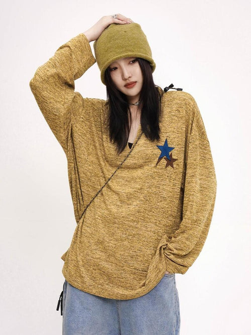THELIGHT OFFICIAL Applique Star V-neck Striped Women's Polyester Long Sleeve T-shirts