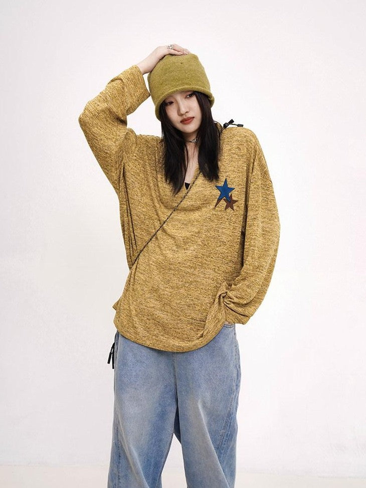 THELIGHT OFFICIAL Applique Star V-neck Striped Women's Polyester Long Sleeve T-shirts
